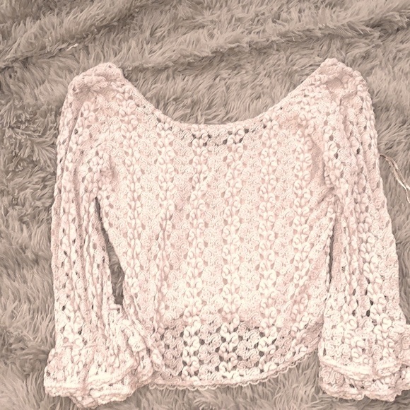 FREE PEOPLE NUDE/TAN KNIT ROCHELLE GYPSY LACE BELL SLEEVE TOP - Picture 5 of 6